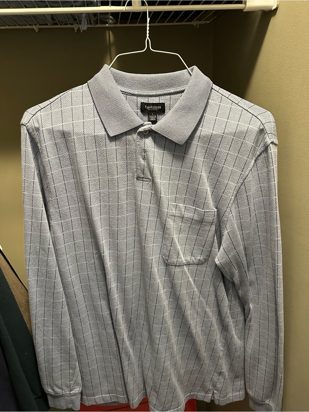 Van Heusen Light Grey Long Sleeve Polo with Subtle Windowpane